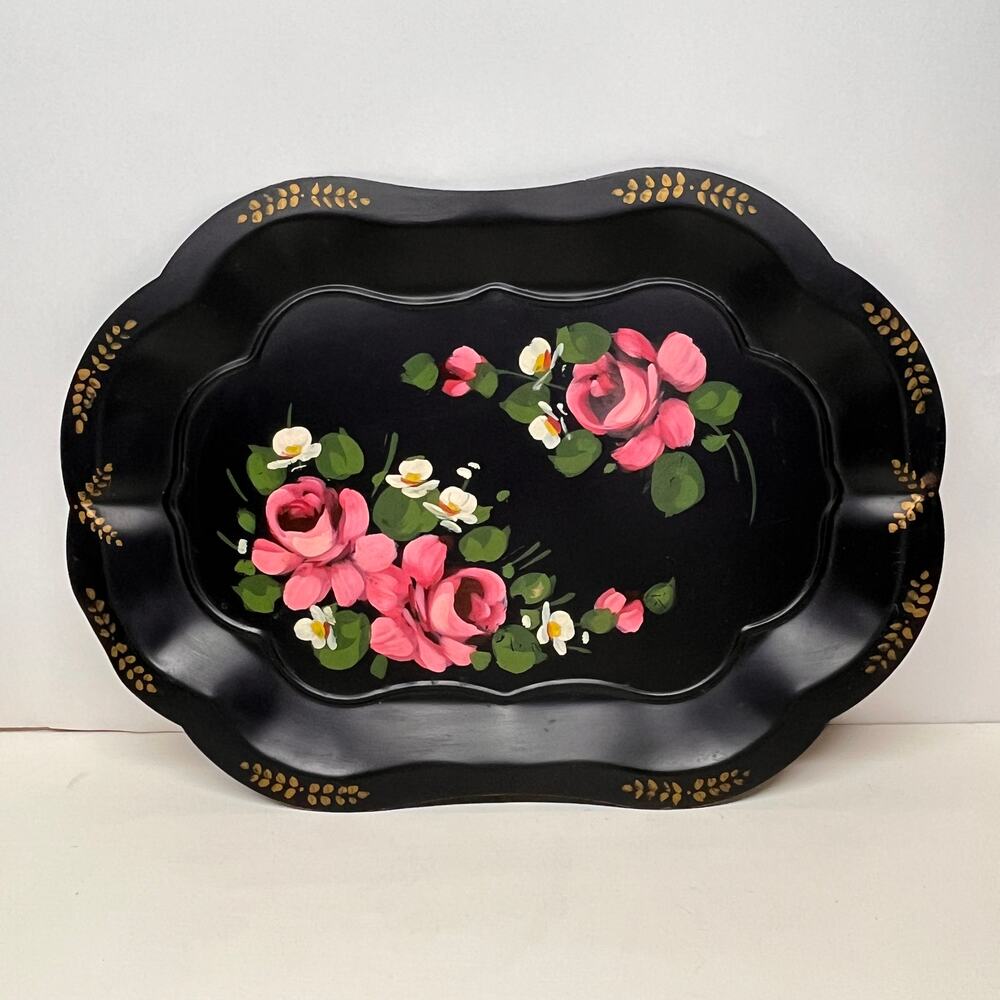 Vintage Hand Painted Toleware Metal Serving Tray